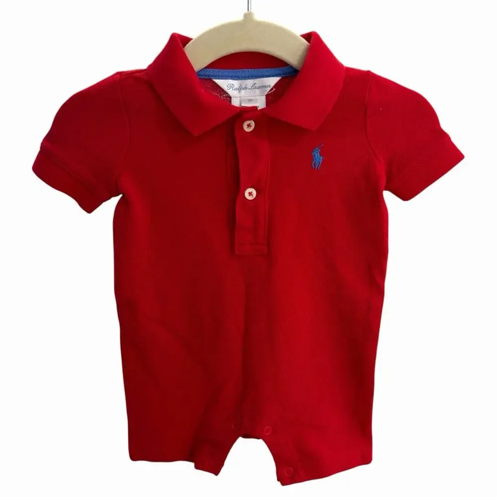 Ralph Lauren Baby Boy Red Cotton Polo Romper Shortall Size 3 Months 100% Cotton
